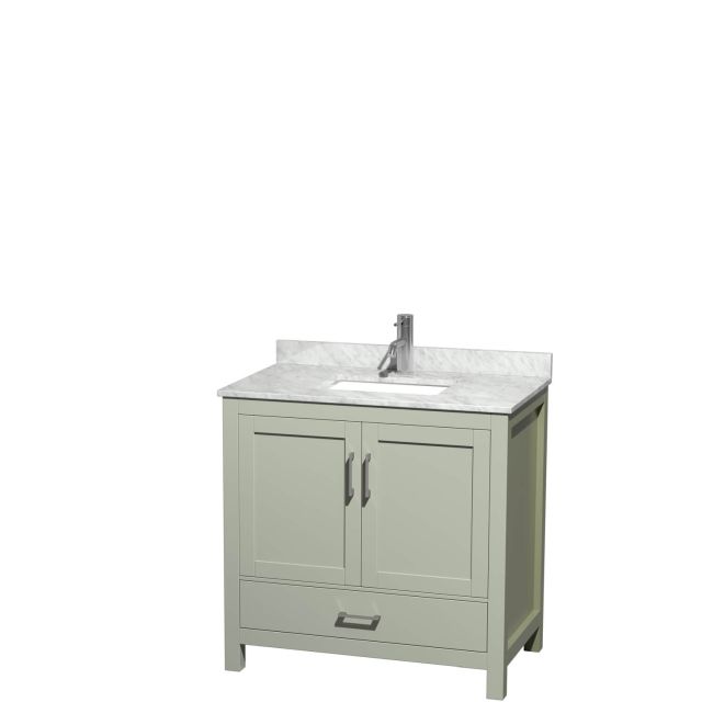 Wyndham Collection Sheffield 36 Inch Single Bathroom Vanity in Light Green with White Carrara Marble Countertop, Undermount Square Sink and Brushed Nickel Trim WCS141436SLGCMUNSMXX