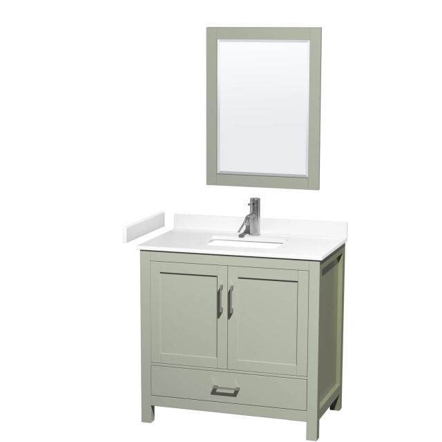 Wyndham Collection Sheffield 36 Inch Single Bathroom Vanity in Light Green with White Cultured Marble Countertop, Undermount Square Sink and Brushed Nickel Trim WCS141436SLGWCUNSM24