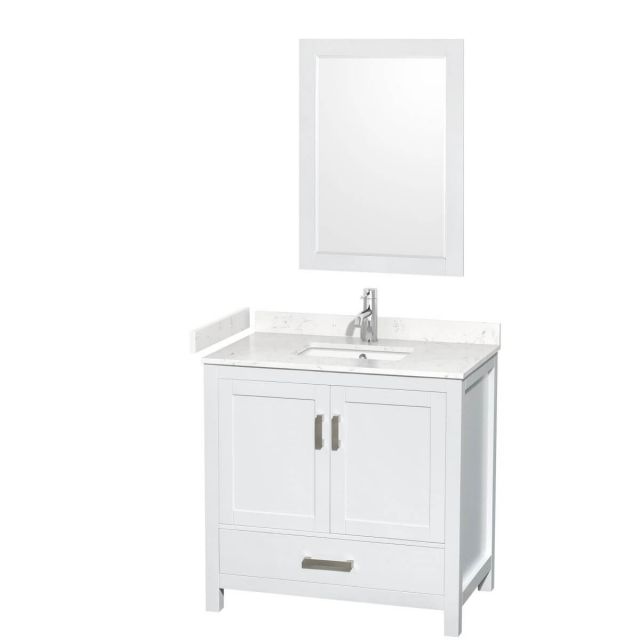 Wyndham Collection Sheffield 36 inch Single Bathroom Vanity in White with Carrara Cultured Marble Countertop, Undermount Square Sink and 24 inch Mirror - WCS141436SWHC2UNSM24