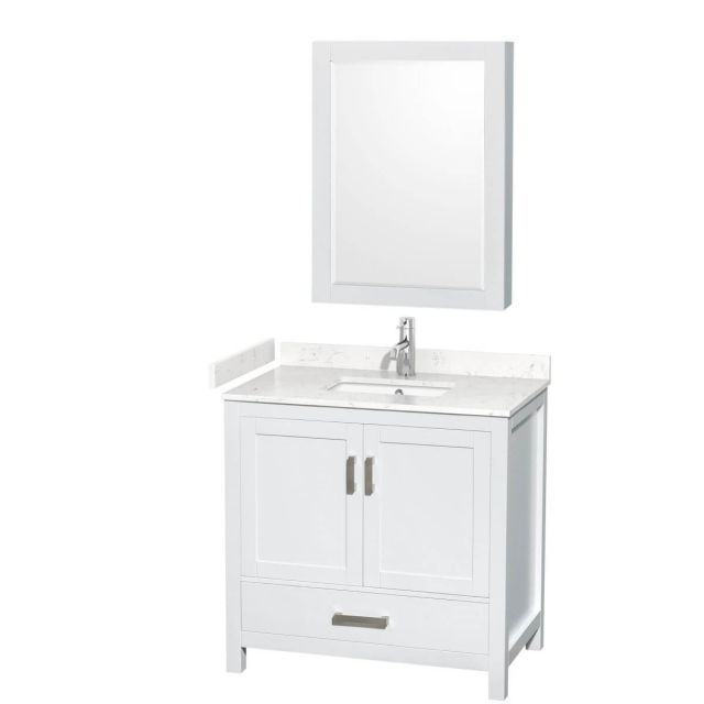 Wyndham Collection Sheffield 36 inch Single Bathroom Vanity in White with Carrara Cultured Marble Countertop, Undermount Square Sink and Medicine Cabinet - WCS141436SWHC2UNSMED