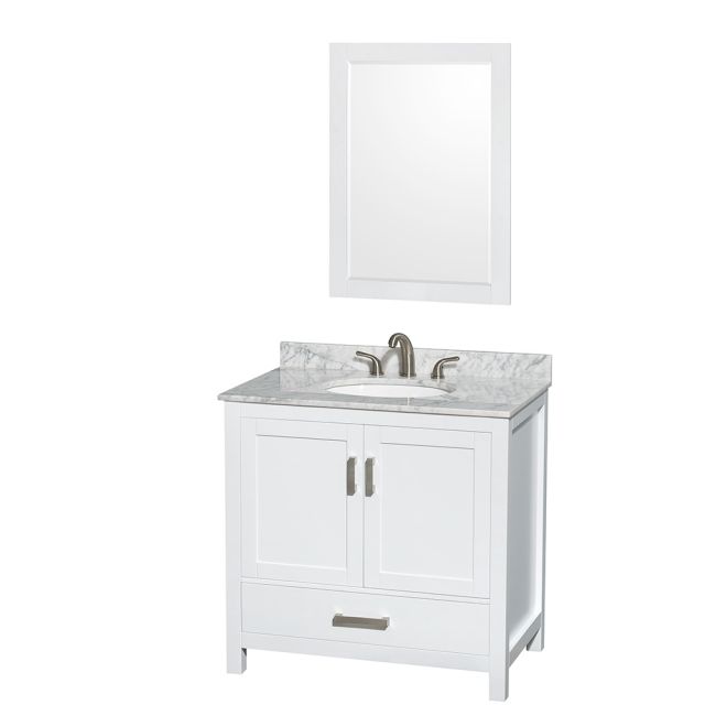 Wyndham Collection Sheffield 36 Inch Single Bath Vanity In White, White Carrara Marble Countertop, Undermount Oval Sink, and 24 Inch Mirror - WCS141436SWHCMUNOM24