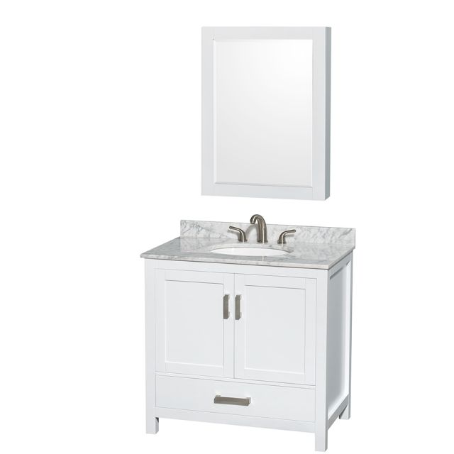 Wyndham Collection Sheffield 36 Inch Single Bath Vanity In White, White Carrara Marble Countertop, Undermount Oval Sink, and Medicine Cabinet - WCS141436SWHCMUNOMED