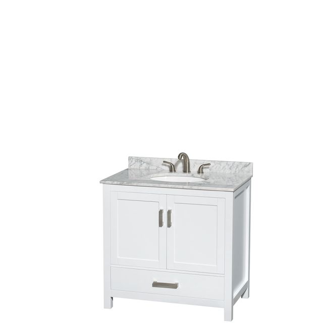 Wyndham Collection Sheffield 36 Inch Single Bath Vanity In White, White Carrara Marble Countertop, Undermount Oval Sink, and No Mirror - WCS141436SWHCMUNOMXX