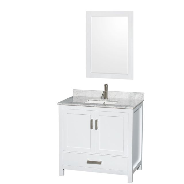 Wyndham Collection Sheffield 36 Inch Single Bath Vanity In White, White Carrara Marble Countertop, Undermount Square Sink, and 24 Inch Mirror - WCS141436SWHCMUNSM24