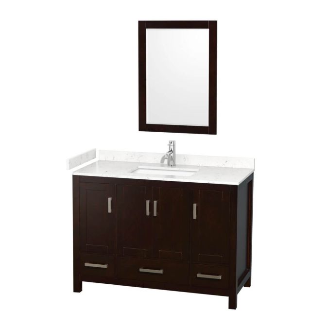 Wyndham Collection Sheffield 48 inch Single Bathroom Vanity in Espresso with Carrara Cultured Marble Countertop, Undermount Square Sink and 24 inch Mirror - WCS141448SESC2UNSM24