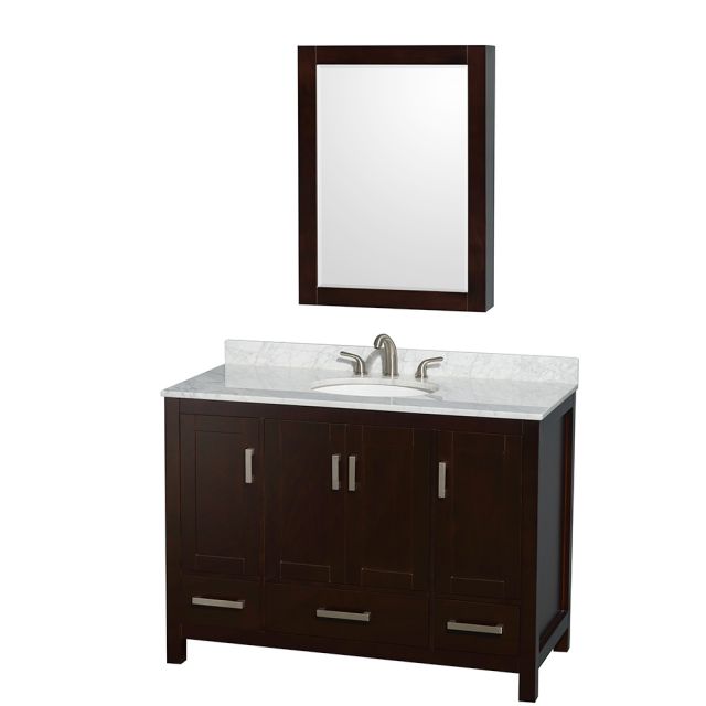 Wyndham Collection Sheffield 48 Inch Single Bath Vanity in Espresso, White Carrara Marble Countertop, Undermount Oval Sink, and Medicine Cabinet - WCS141448SESCMUNOMED