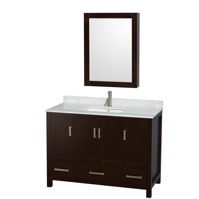 Wyndham Collection Sheffield 48 Inch Single Bath Vanity in Espresso, White Carrara Marble Countertop, Undermount Square Sink, and Medicine Cabinet - WCS141448SESCMUNSMED