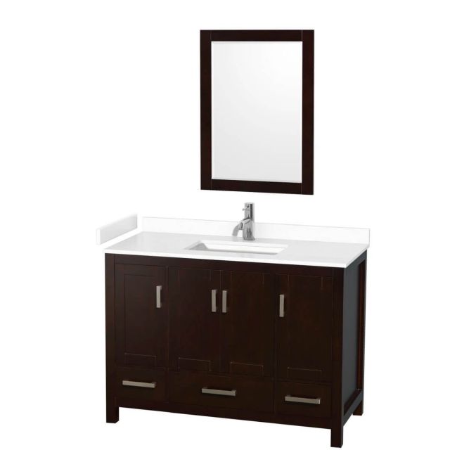 Wyndham Collection Sheffield 48 inch Single Bathroom Vanity in Espresso with White Cultured Marble Countertop, Undermount Square Sink and 24 inch Mirror - WCS141448SESWCUNSM24