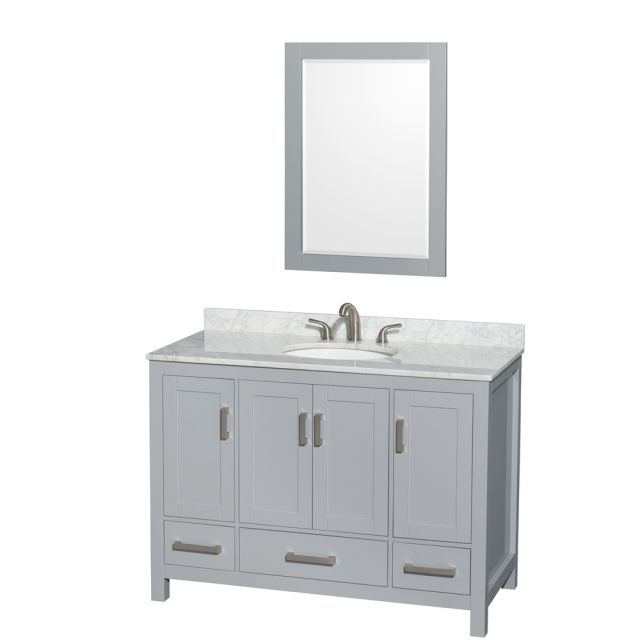 Wyndham Collection Sheffield 48 Inch Single Bath Vanity In Gray with White Carrara Marble Countertop with Undermount Oval Sink and 24 Inch Mirror - WCS141448SGYCMUNOM24