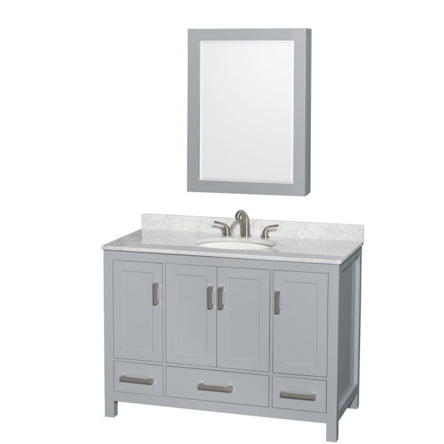 Wyndham Collection Sheffield 48 Inch Single Bath Vanity In Gray with White Carrara Marble Countertop with Undermount Oval Sink and Medicine Cabinet - WCS141448SGYCMUNOMED