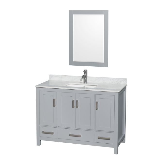 Wyndham Collection Sheffield 48 Inch Single Bath Vanity In Gray with White Carrara Marble Countertop with Undermount Square Sink and 24 Inch Mirror - WCS141448SGYCMUNSM24