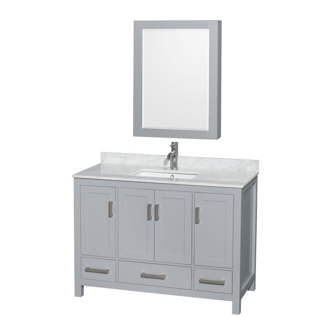 Wyndham Collection Sheffield 48 Inch Single Bath Vanity In Gray with White Carrara Marble Countertop with Undermount Square Sink and Medicine Cabinet - WCS141448SGYCMUNSMED