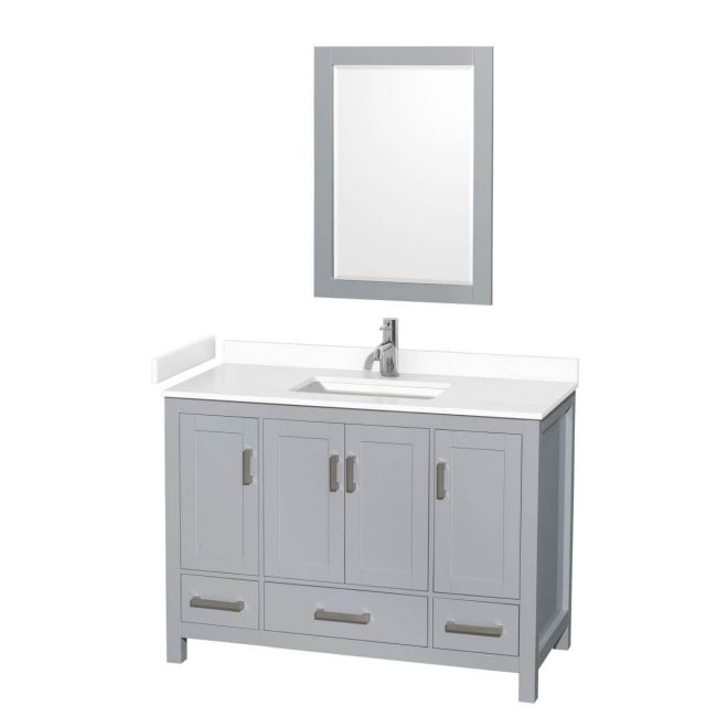 Wyndham Collection Sheffield 48 inch Single Bathroom Vanity in Gray with White Cultured Marble Countertop, Undermount Square Sink and 24 inch Mirror - WCS141448SGYWCUNSM24