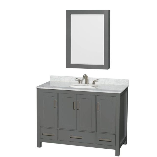 Wyndham Collection Sheffield 48 Inch Single Bath Vanity In Dark Gray with White Carrara Marble Countertop with Undermount Oval Sink with Medicine Cabinet - WCS141448SKGCMUNOMED