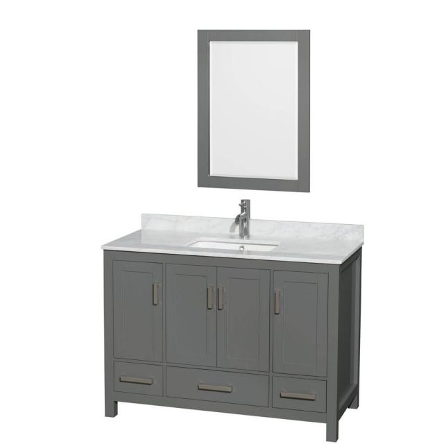 Wyndham Collection Sheffield 48 Inch Single Bath Vanity In Dark Gray with White Carrara Marble Countertop with Undermount Square Sink with 24 Inch Mirror - WCS141448SKGCMUNSM24