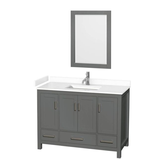Wyndham Collection Sheffield 48 inch Single Bathroom Vanity in Dark Gray with White Cultured Marble Countertop, Undermount Square Sink and 24 inch Mirror - WCS141448SKGWCUNSM24