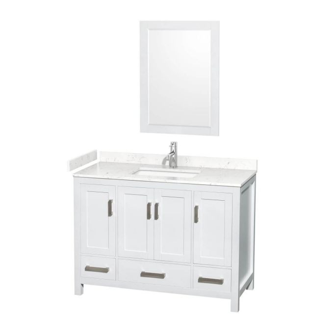 Wyndham Collection Sheffield 48 inch Single Bathroom Vanity in White with Carrara Cultured Marble Countertop, Undermount Square Sink and 24 inch Mirror - WCS141448SWHC2UNSM24