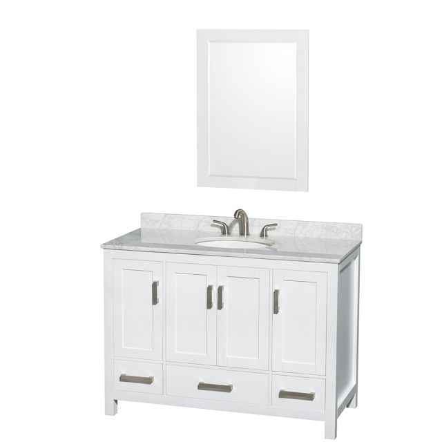 Wyndham Collection Sheffield 48 Inch Single Bath Vanity In White, White Carrara Marble Countertop, Undermount Oval Sink, and 24 Inch Mirror - WCS141448SWHCMUNOM24