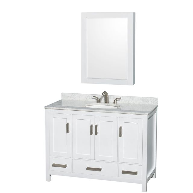 Wyndham Collection Sheffield 48 Inch Single Bath Vanity In White, White Carrara Marble Countertop, Undermount Oval Sink, and Medicine Cabinet - WCS141448SWHCMUNOMED