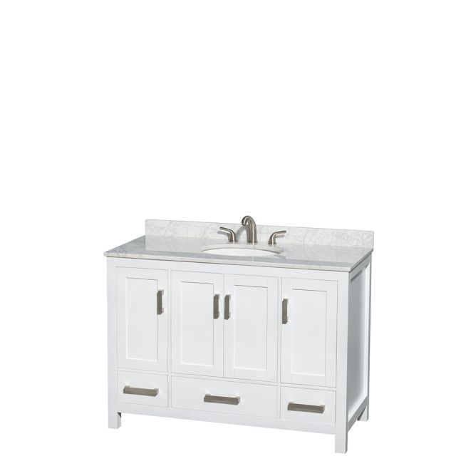 Wyndham Collection Sheffield 48 Inch Single Bath Vanity In White, White Carrara Marble Countertop, Undermount Oval Sink, and No Mirror - WCS141448SWHCMUNOMXX