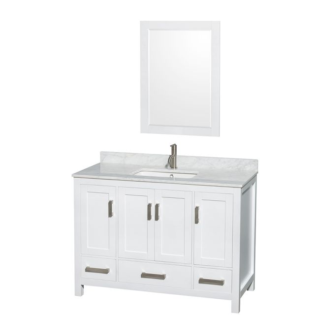 Wyndham Collection Sheffield 48 Inch Single Bath Vanity In White, White Carrara Marble Countertop, Undermount Square Sink, and 24 Inch Mirror - WCS141448SWHCMUNSM24