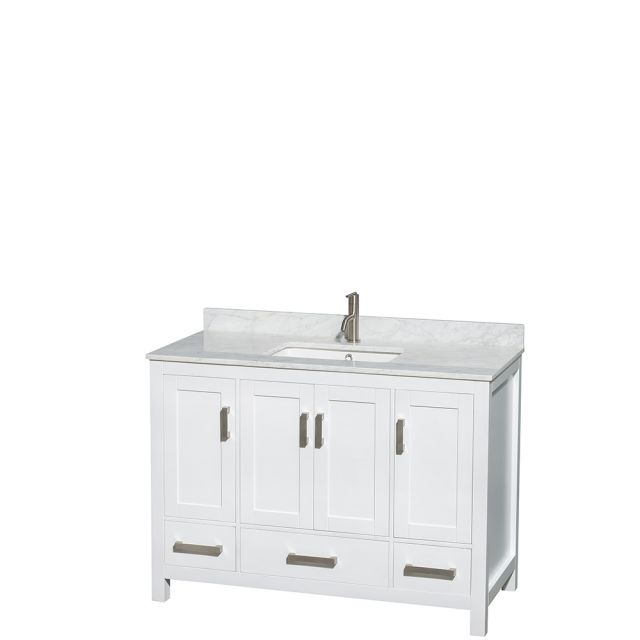 Wyndham Collection Sheffield 48 Inch Single Bath Vanity In White, White Carrara Marble Countertop, Undermount Square Sink, and No Mirror - WCS141448SWHCMUNSMXX