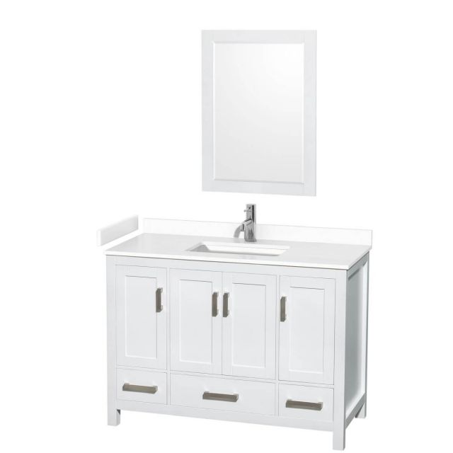 Wyndham Collection Sheffield 48 inch Single Bathroom Vanity in White with White Cultured Marble Countertop, Undermount Square Sink and 24 inch Mirror - WCS141448SWHWCUNSM24