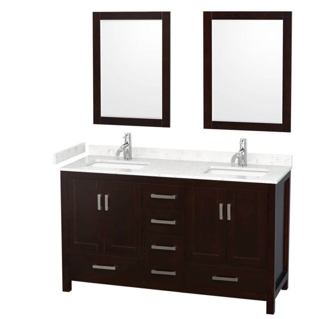 Wyndham Collection Sheffield 60 inch Double Bathroom Vanity in Espresso with Carrara Cultured Marble Countertop, Undermount Square Sinks and 24 inch Mirrors - WCS141460DESC2UNSM24