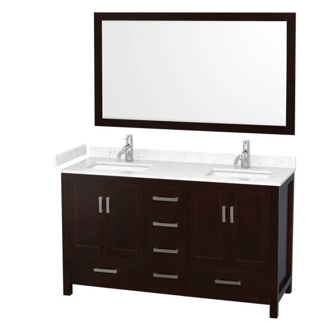 Wyndham Collection Sheffield 60 inch Double Bathroom Vanity in Espresso with Carrara Cultured Marble Countertop, Undermount Square Sinks and 58 inch Mirror - WCS141460DESC2UNSM58