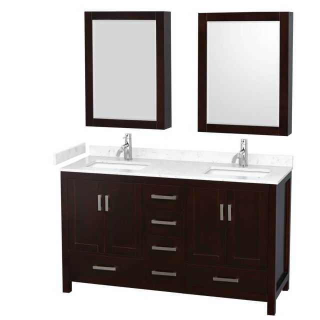 Wyndham Collection Sheffield 60 inch Double Bathroom Vanity in Espresso with Carrara Cultured Marble Countertop, Undermount Square Sinks and Medicine Cabinets - WCS141460DESC2UNSMED