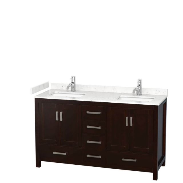 Wyndham Collection Sheffield 60 inch Double Bathroom Vanity in Espresso with Carrara Cultured Marble Countertop, Undermount Square Sinks and No Mirror - WCS141460DESC2UNSMXX