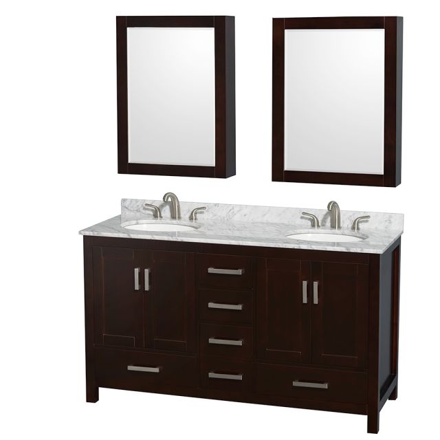 Wyndham Collection Sheffield 60 Inch Double Bath Vanity in Espresso, White Carrara Marble Countertop, Undermount Oval Sinks, and Medicine Cabinets - WCS141460DESCMUNOMED