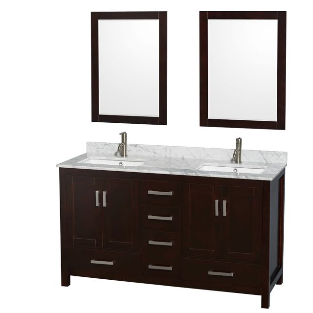 Wyndham Collection Sheffield 60 Inch Double Bath Vanity in Espresso, White Carrara Marble Countertop, Undermount Square Sinks, and 24 Inch Mirrors - WCS141460DESCMUNSM24