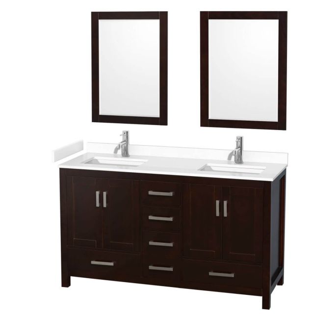 Wyndham Collection Sheffield 60 inch Double Bathroom Vanity in Espresso with White Cultured Marble Countertop, Undermount Square Sinks and 24 inch Mirrors - WCS141460DESWCUNSM24