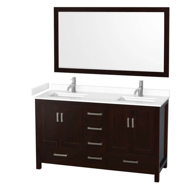 Wyndham Collection Sheffield 60 inch Double Bathroom Vanity in Espresso with White Cultured Marble Countertop, Undermount Square Sinks and 58 inch Mirror - WCS141460DESWCUNSM58