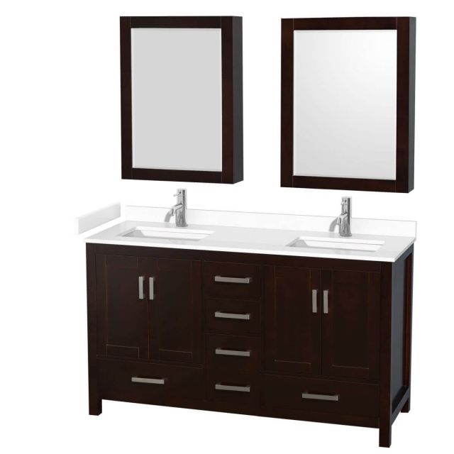 Wyndham Collection Sheffield 60 inch Double Bathroom Vanity in Espresso with White Cultured Marble Countertop, Undermount Square Sinks and Medicine Cabinets - WCS141460DESWCUNSMED