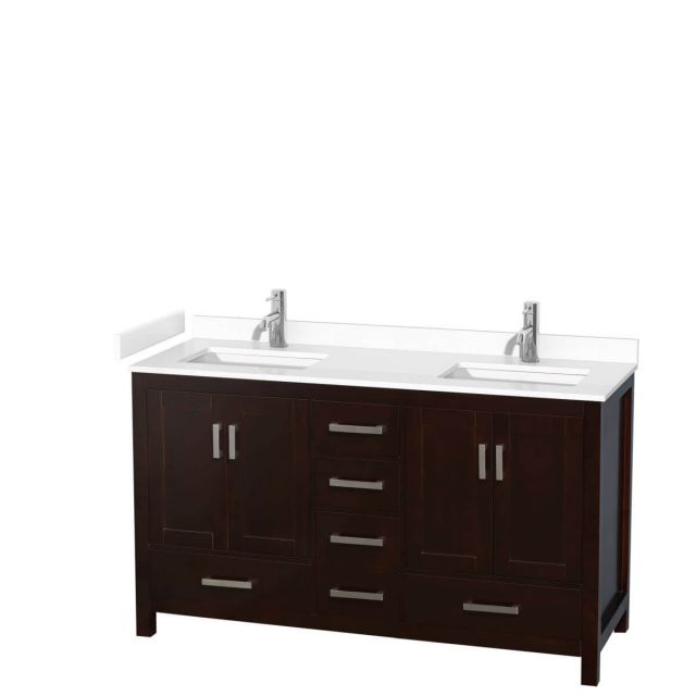 Wyndham Collection Sheffield 60 inch Double Bathroom Vanity in Espresso with White Cultured Marble Countertop, Undermount Square Sinks and No Mirror - WCS141460DESWCUNSMXX