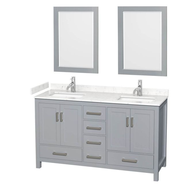 Wyndham Collection Sheffield 60 inch Double Bathroom Vanity in Gray with Carrara Cultured Marble Countertop, Undermount Square Sinks and 24 inch Mirrors - WCS141460DGYC2UNSM24