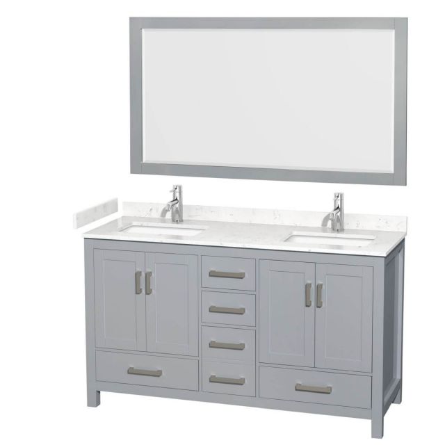 Wyndham Collection Sheffield 60 inch Double Bathroom Vanity in Gray with Carrara Cultured Marble Countertop, Undermount Square Sinks and 58 inch Mirror - WCS141460DGYC2UNSM58