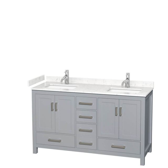 Wyndham Collection Sheffield 60 inch Double Bathroom Vanity in Gray with Carrara Cultured Marble Countertop, Undermount Square Sinks and No Mirror - WCS141460DGYC2UNSMXX