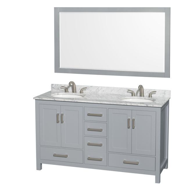 Wyndham Collection Sheffield 60 Inch Double Bath Vanity In Gray with White Carrara Marble Countertop with Undermount Oval Sinks and 58 Inch Mirror - WCS141460DGYCMUNOM58