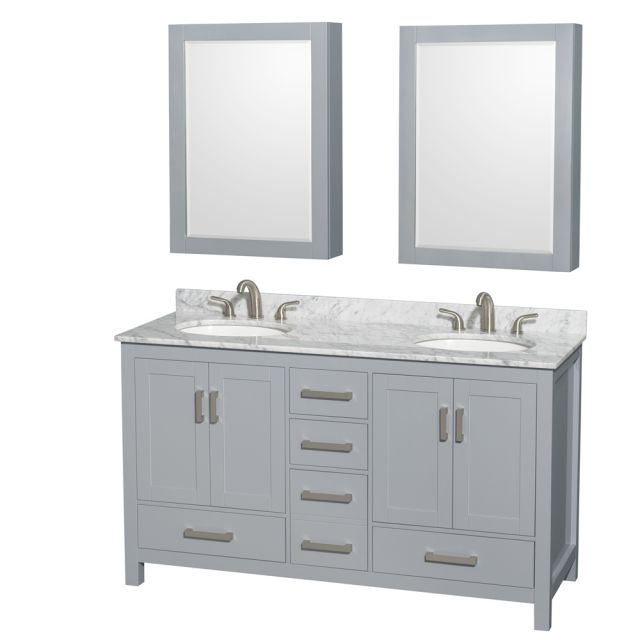 Wyndham Collection Sheffield 60 Inch Double Bath Vanity In Gray with White Carrara Marble Countertop with Undermount Oval Sinks and Medicine Cabinets - WCS141460DGYCMUNOMED