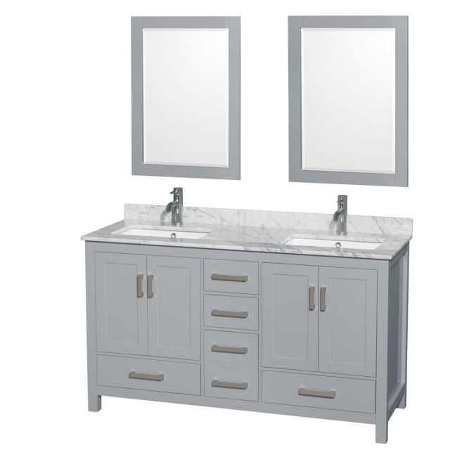 Wyndham Collection Sheffield 60 Inch Double Bath Vanity In Gray with White Carrara Marble Countertop with Undermount Square Sinks and 24 Inch Mirrors - WCS141460DGYCMUNSM24