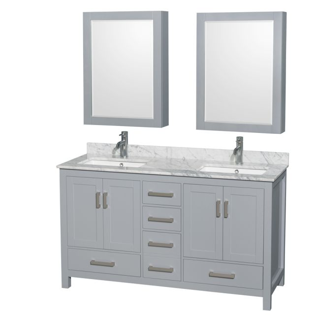 Wyndham Collection Sheffield 60 Inch Double Bath Vanity In Gray with White Carrara Marble Countertop with Undermount Square Sinks and Medicine Cabinets - WCS141460DGYCMUNSMED