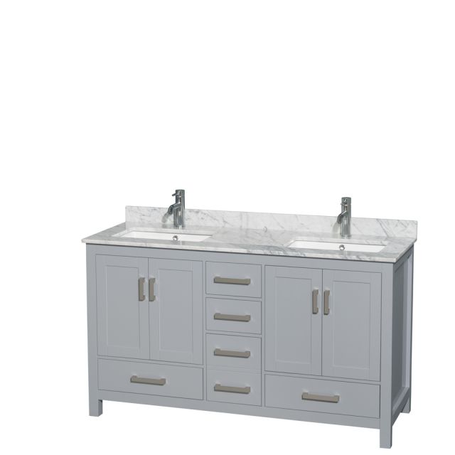 Wyndham Collection Sheffield 60 Inch Double Bath Vanity In Gray with White Carrara Marble Countertop and Undermount Square Sinks - WCS141460DGYCMUNSMXX