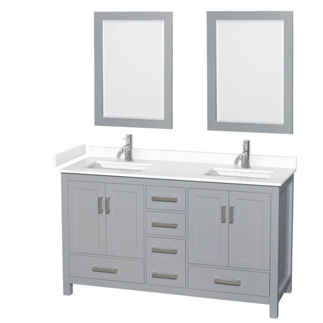 Wyndham Collection Sheffield 60 inch Double Bathroom Vanity in Gray with White Cultured Marble Countertop, Undermount Square Sinks and 24 inch Mirrors - WCS141460DGYWCUNSM24