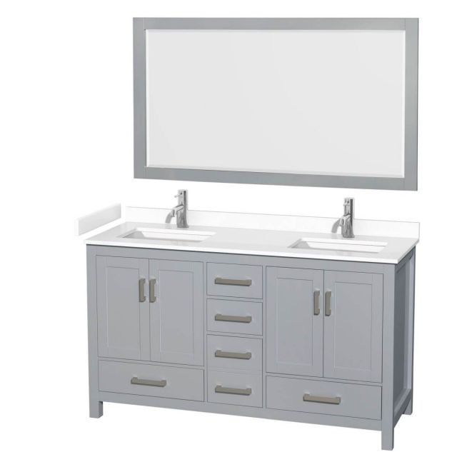 Wyndham Collection Sheffield 60 inch Double Bathroom Vanity in Gray with White Cultured Marble Countertop, Undermount Square Sinks and 58 inch Mirror - WCS141460DGYWCUNSM58