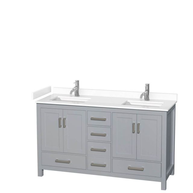 Wyndham Collection Sheffield 60 inch Double Bathroom Vanity in Gray with White Cultured Marble Countertop, Undermount Square Sinks and No Mirror - WCS141460DGYWCUNSMXX