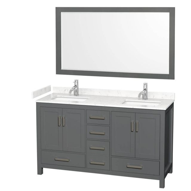 Wyndham Collection Sheffield 60 inch Double Bathroom Vanity in Dark Gray with Carrara Cultured Marble Countertop, Undermount Square Sinks and 58 inch Mirror - WCS141460DKGC2UNSM58