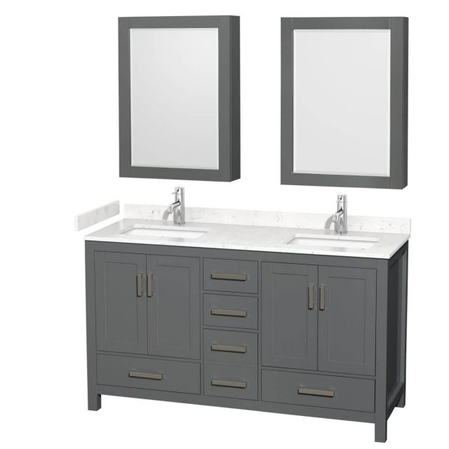 Wyndham Collection Sheffield 60 inch Double Bathroom Vanity in Dark Gray with Carrara Cultured Marble Countertop, Undermount Square Sinks and Medicine Cabinets - WCS141460DKGC2UNSMED